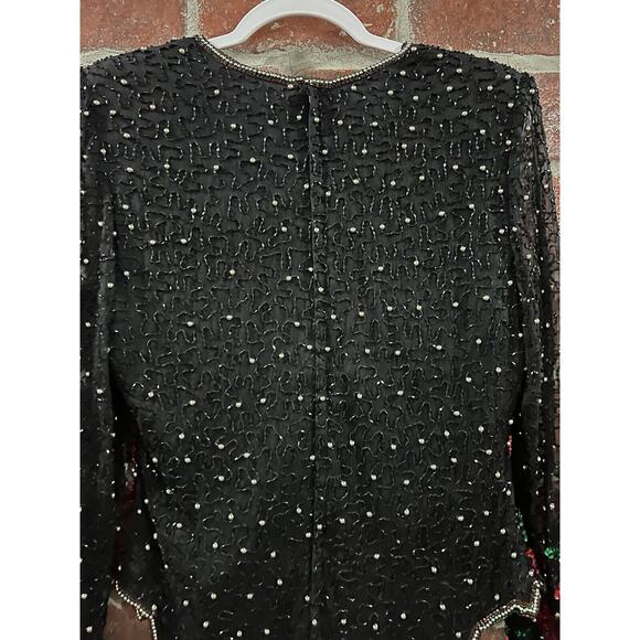 Vintage Laurence Kazar Black Beaded Silk Top Poinsettia Flowers Size Large - Picture 7 of 9